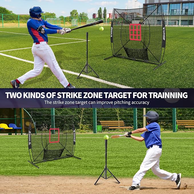 BAGAIL 7x7 ft Extra Large Baseball & Softball Training Net with Batting Tee, Heavy Duty Reinforced Steel Frame, Oversized Hitting Zone for All Levels, Portable Backstop with Carry Bag