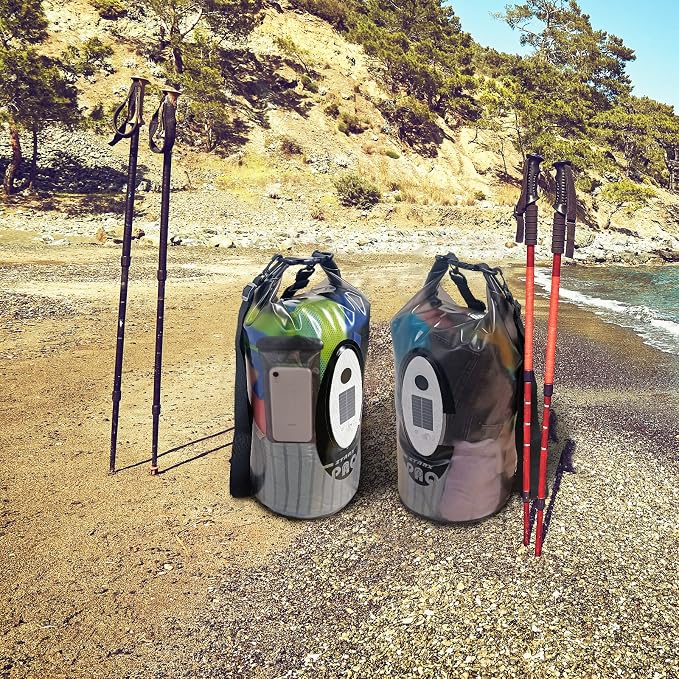 Qoolife Dry Bag Waterproof with Solar Bluetooth Speaker & Light - 10L/20L Roll Top Dry Sack Keeps Gear Dry for Men Women Kayaking, Beach, Rafting, Boating, Hiking, Camping and Fishing