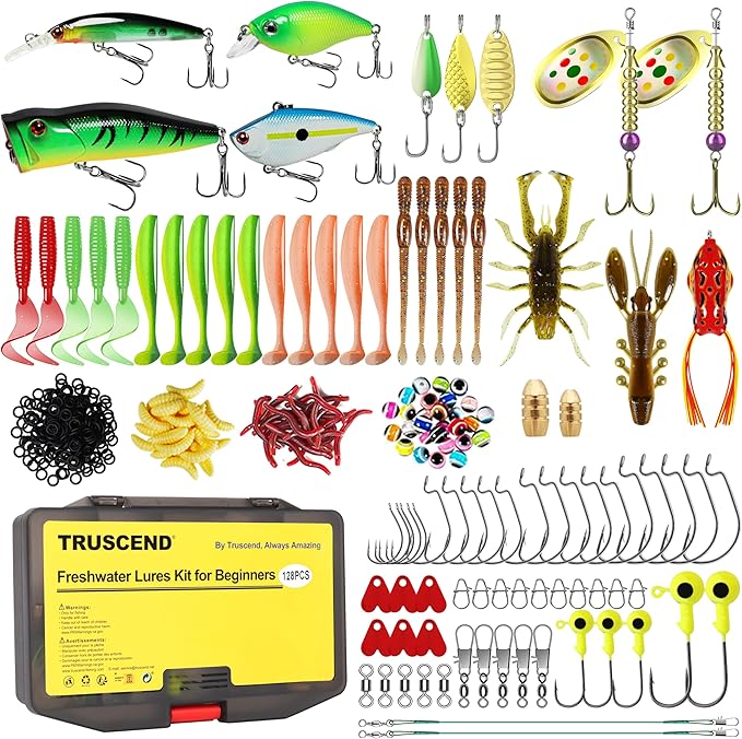 TRUSCEND Complete Fishing Accessories - Tackle Box with Tackle Included, Fishing Hooks, Jig Heads, Sinkers, Weights, Swivels, Snaps, Bobbers, Leaders - Fishing Gear Set for Bass Trout Panfish Walleye