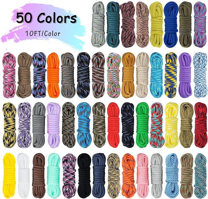 50 Colors Paracord Combo Kit with Instruction - Multifunction Parachute Cord with 28 Paracord Accessories for Making Paracord Bracelets, Lanyards, Dog Collars