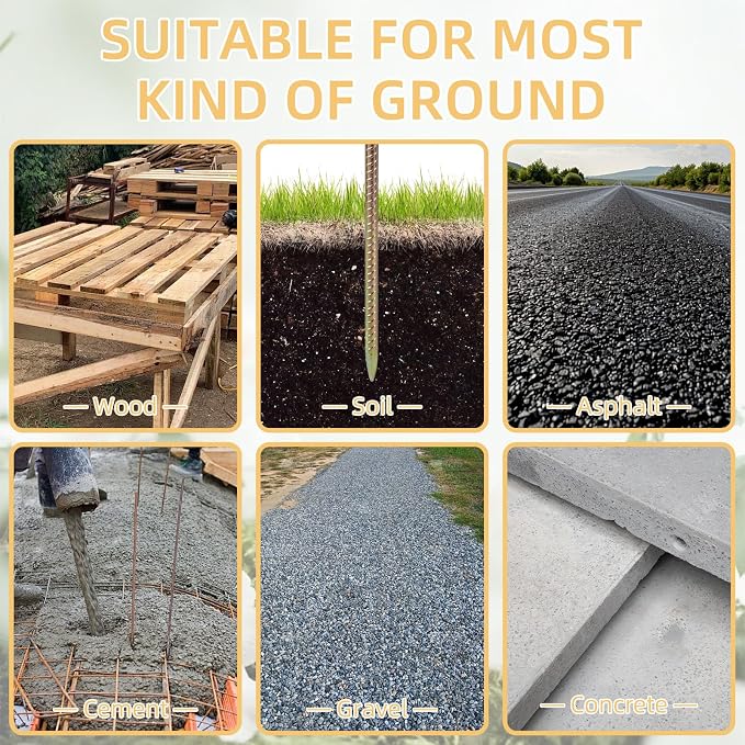 16 Inch Rebar Stakes, 1/2 Inch Diameter Galvanized Steel Ground Anchors, Heavy Duty Metal Spikes for Speed Bump, Wheel Stop, Parking Curb and Tent (24 Pack, Golden)