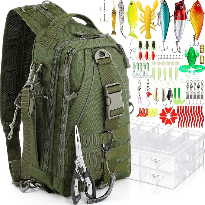 RoundFunny 85 Pcs Fishing Backpack with Tackle Boxes, Tackle Sling Bag with Rod Holder, Fish Lures and Pliers, Fish Tools Gears & Equipment Father's Day Fishing Gift for Dad Men