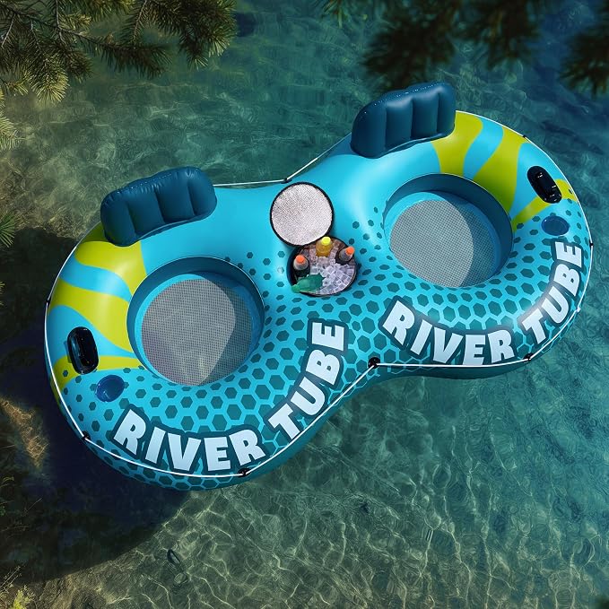 SLOOSH 2-Person Inflatable River Tube - Heavy Duty River Run Tubes Pool Lake Floats for Adults, Large Floating Raft Lounge Above Water Floaties with 2 Cup Holders & Removable Cooler