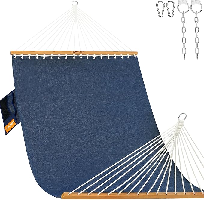 Lazy Daze Hammocks 11 FT Double Outside Hammock Quick Dry Olefin Fabric Hammock with Spreader Bar & Side Pocket for Outdoor Poolside Backyard 450 lbs Capacity, Heather Navy