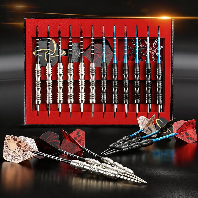 WINSDART Steel Tip Darts 12 Pack Set with Nonslip Iron Barrel Aluminum Dart Shafts and Flights Darts Sharpener an Gift Box