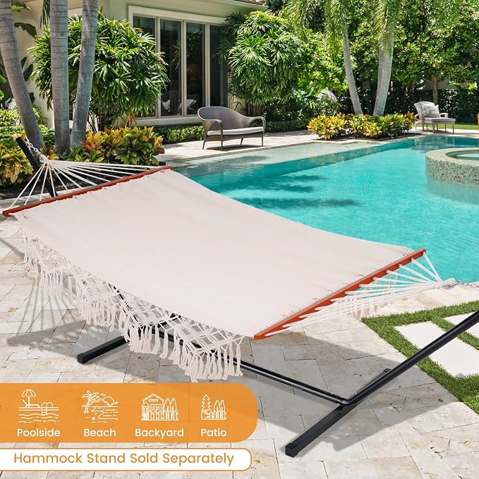 Lazy Daze Hammocks Cotton Fabric Double Hammock with 55" Spreader Bar, Portable Camping Hammock with Carrying Bag & Tree Straps for Patio, Backyard, Balcony, 450lbs Capacity, Beige