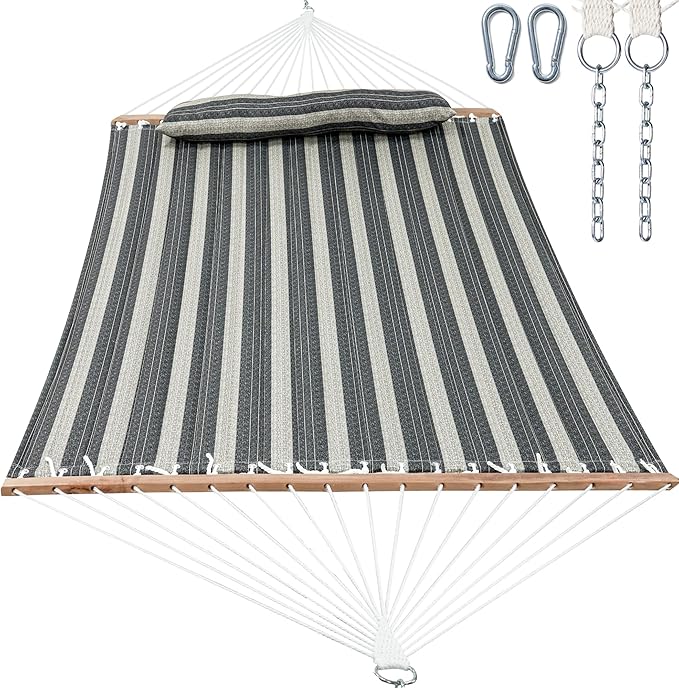 GAFETE Hammock 2 Person Quilted Fabric Hammocks for Outside, Double 12ft Hammocks with Spreader Bar, Large Removable Pillow, Storage Bag, Carabiners, Max 475 lbs Capacity (Mountain Mist Gray)