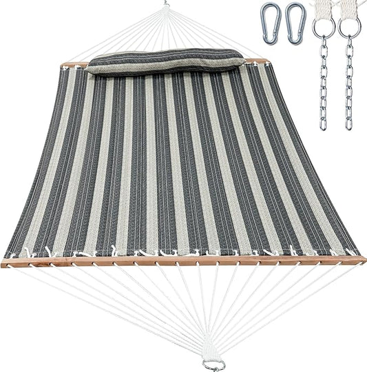 GAFETE Hammock 2 Person Quilted Fabric Hammocks for Outside, Double 12ft Hammocks with Spreader Bar, Large Removable Pillow, Storage Bag, Carabiners, Max 475 lbs Capacity (Mountain Mist Gray)
