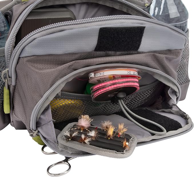 Allen Company Eagle River Lumbar Fly Fishing Pack - Holds 6 Fly Boxes, Zip‑Down Workstation, Waist Bottle Pockets, Durable Outdoor Waist Pack - Gray/Lime and Olive Green