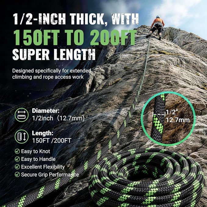 1/2Inch Arborist Rope 150Ft - 9000lbs Heavy Duty Nylon Rope Rappelling Rope, Double Braided Arborist Bull Rope for Tree Work, Hiking, Rigging, Pulling, Swing, Caving, Sailing - Army Green