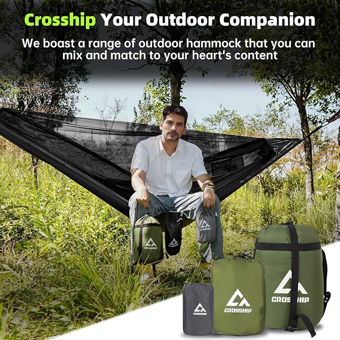 Camping Hammock with Mosquito Net – Portable Parachute Nylon Hammock Tent with Tree Straps, Camp Rope & Stake - for Hiking, Backpacking, Travel, Backyard, Beach – Holds Up to 500lbs (Black)