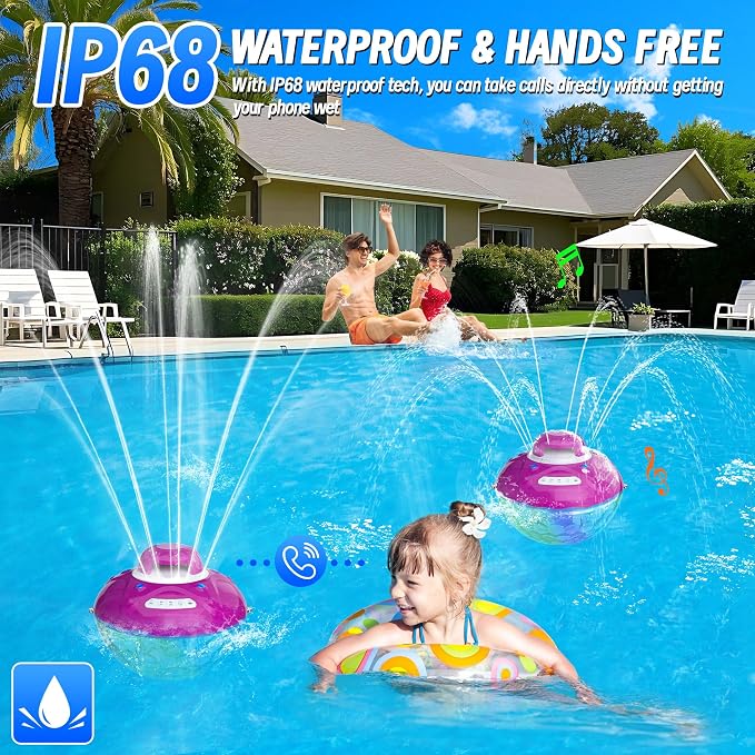 KingSom 3 in 1 Bluetooth Pool Speaker with Pool Fountain Light, Floating Pool Speaker for Pool, IP68 Waterproof Hot Tub Speakers, Loud Sound, BT5.4,24H Playtime Pool Water Fountain,Purple