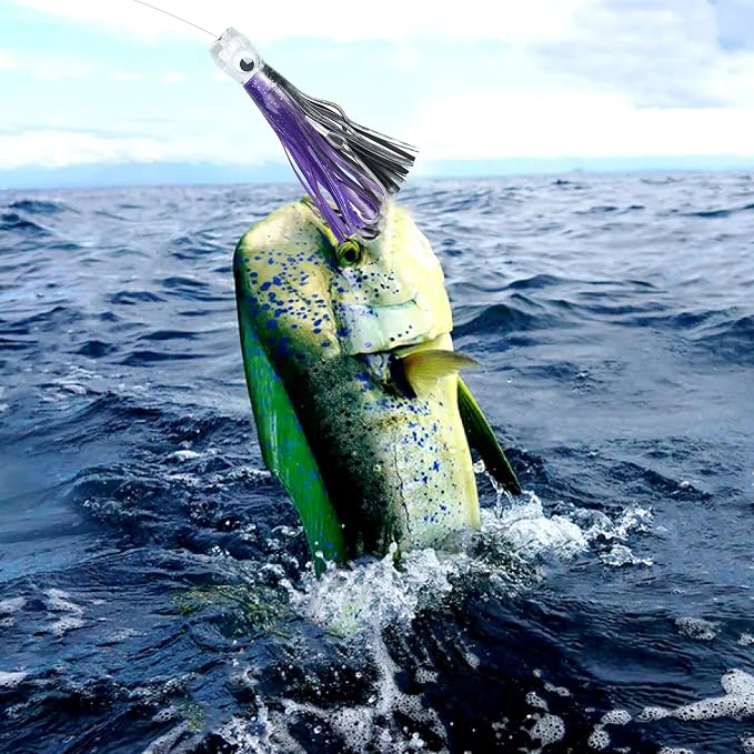 Trolling Lures Saltwater for Tuna Mahi Marlin Wahoo Dolphin Shark Offshore Trolling Baits with Squid Skirt Big Game Fishing Lures Deep Sea Squid Skirts Rig 6/9 inch