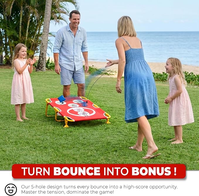Foldable Cornhole Game Set Portable Bean Bag Toss for Family Tailgate & Beach - Metal Frame 5-Hole Arcade Style with 8 Bags & 8 Fun Games - Choose 3x2' Tailgate or 4x2' Regulation Size