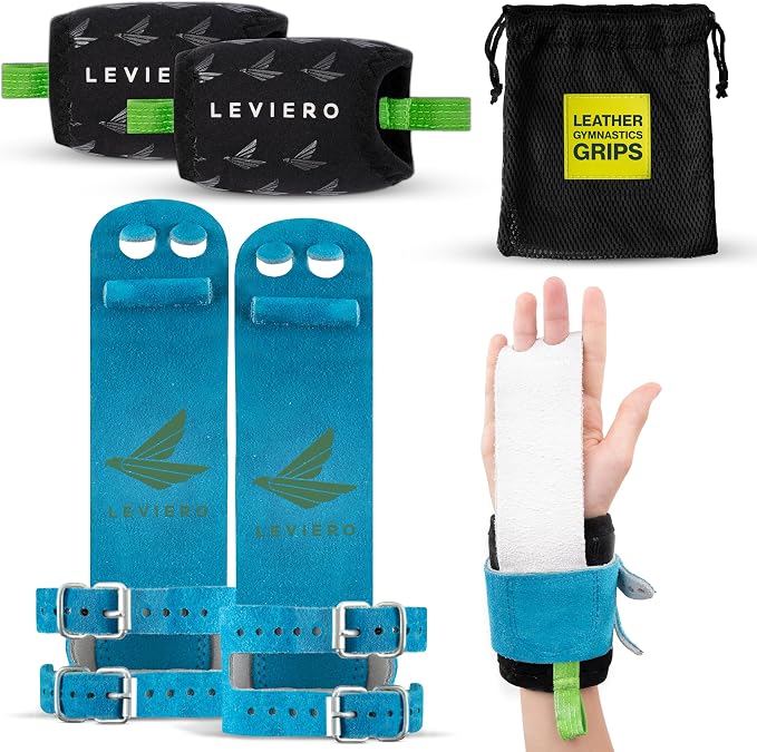 Gymnastics Grips Set, Grips for Gymnastics Girls, Dowel Grips with Soft Leather, Double Buckle Wrist Closure, and Adjustable Finger Holes, for All Ages