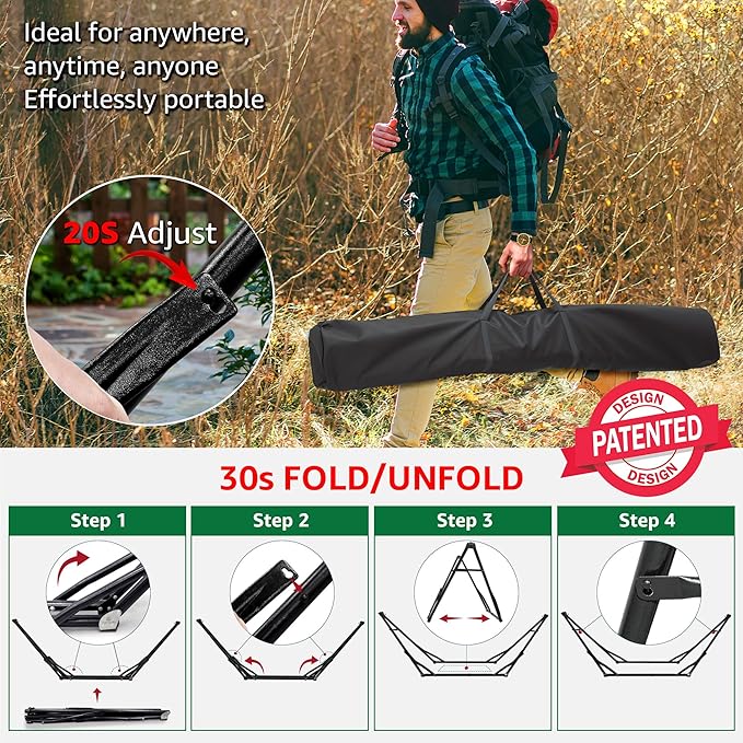 Tranquillo Unity Hammock Stand, Collapsible Camping Hammock and Stand, 800 lbs Capacity Steel Double Hammock Stand for 2 Persons, Steel Frame - Black