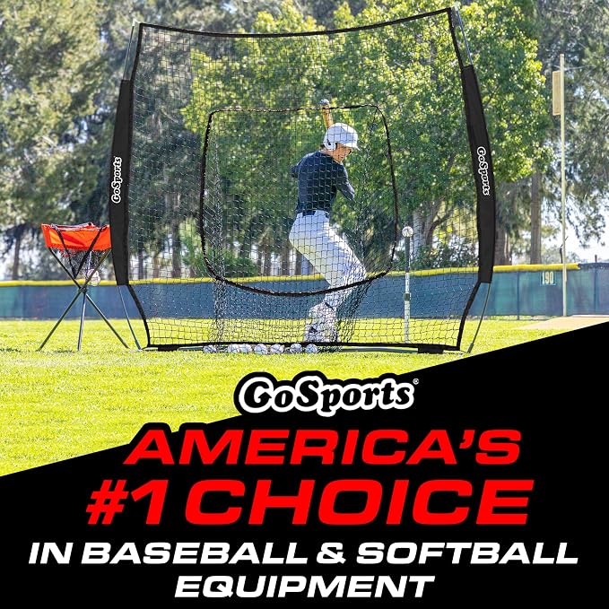 GoSports 7 ft x 7 ft Baseball & Softball Nets - Red, Black, Drip or PRO - Practice Hitting & Pitching Net with Bow Type Frame, Carry Bag and Strike Zone, Great for All Skill Levels