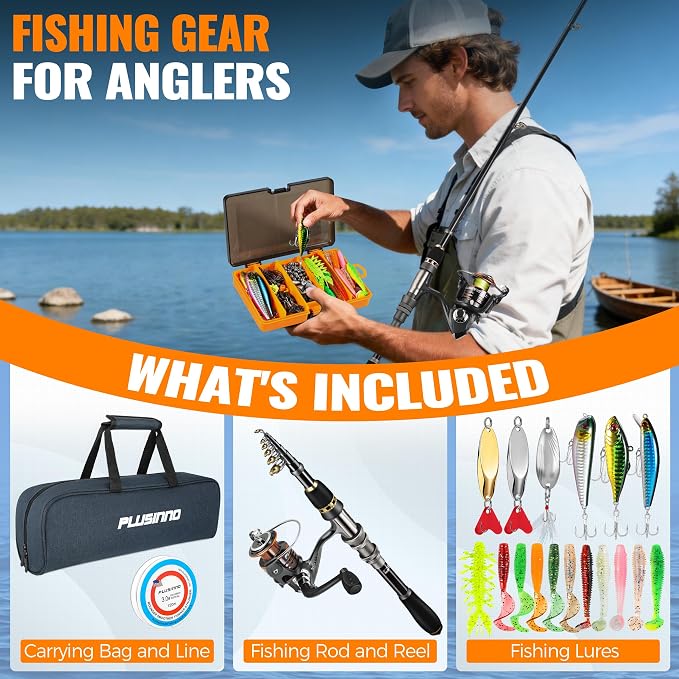 PLUSINNO Fishing Rod and Reel Combo Pole Gear Kit Telescopic Beginner | Portable All-in-One Fishing Equipment, with Freshwater Bass Trout Lures Kit Floating Net, with Carrying Case, Gifts for Men