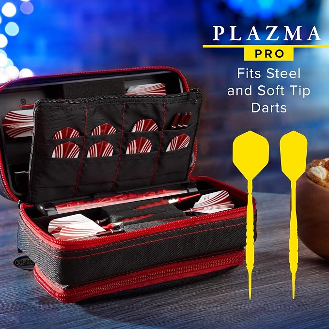 Casemaster Plazma Pro, 6 Dart Case for Soft and Steel Tip Darts, Features Large Front Mobile Device Pocket, Built-In Storage Tubes and Pockets for Flights, Tips, Shafts, and Personal Items