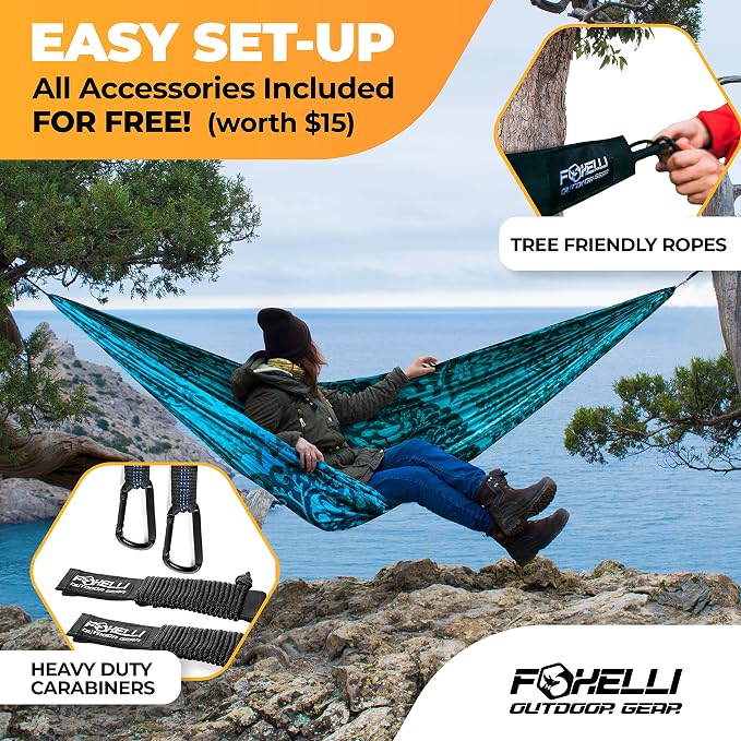 Foxelli Camping Hammock – Ultralight Hammock for Backpacking, Hiking, Festivals, Travel - Easy Setup with Tree-Friendly Ropes & Steel Carabiners, Heavy Duty Parachute Nylon