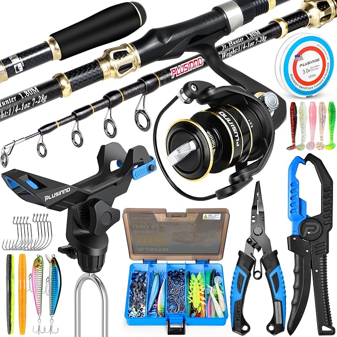 PLUSINNO Fishing Gear,Full Fishing Pole kit Include Fishing Rod and Reel Combo, Tackle Box with Fishing Lures, Fishing Accessories, Fishing Pliers,Fishing Gifts for Men with Fishing Tool Kit