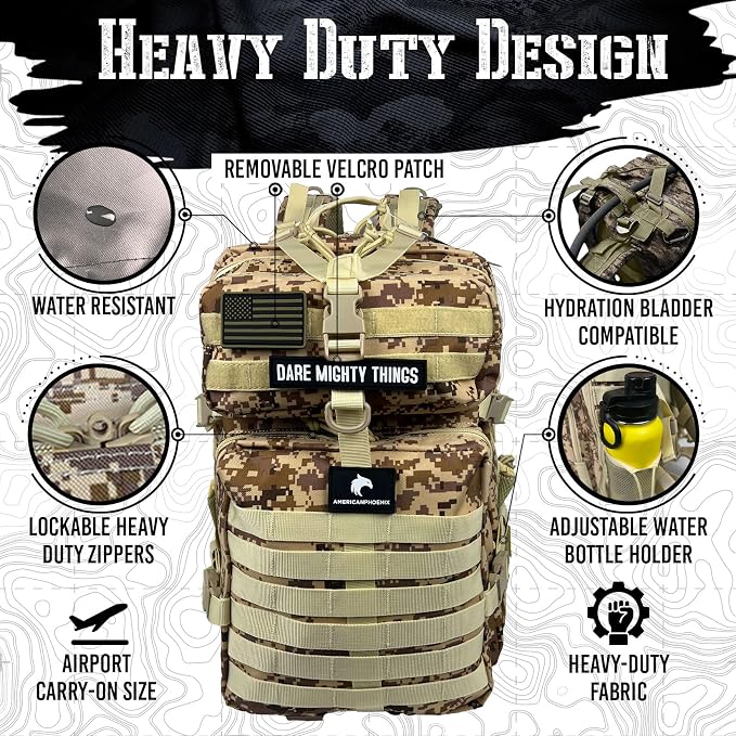 AMERICANPHOENIX 45L Elite Tactical Backpack | 3X Stronger Work & Military Backpack | Water Resistant and Heavy Duty | 3 Day MOLLE Bug Out Bag (Sand Storm)