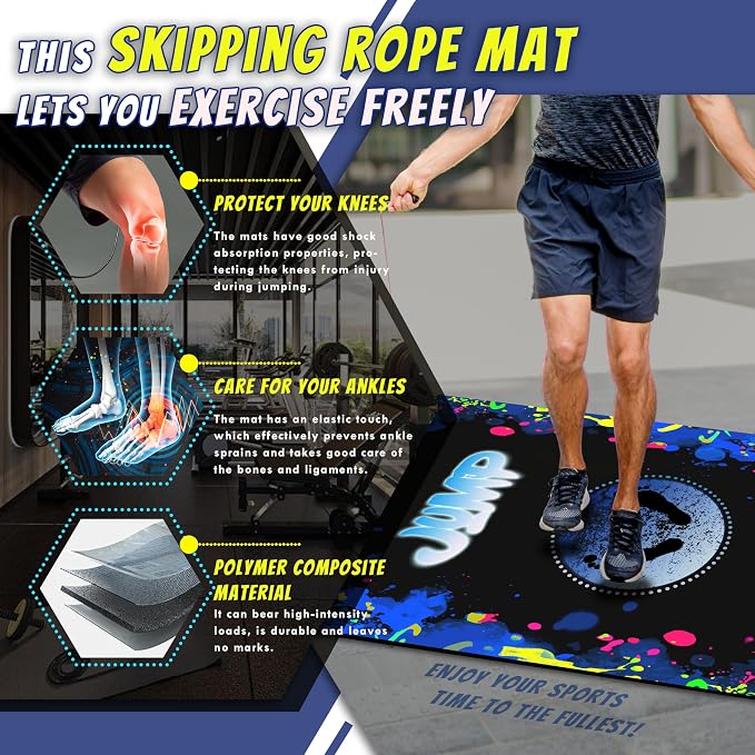 Large Rubber Jump Rope 63"L x 24"W x 0.24" Th Shock Absorbing & Non-Slip Design with Diatom Mud Layer Indoor/Outdoor Exercise Mat for Home Gym, Fitness & Training