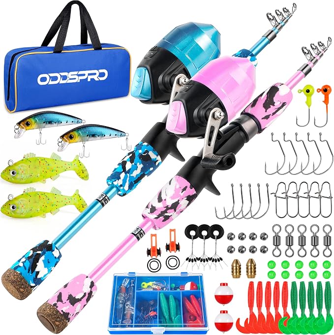 ODDSPRO Kids Fishing Pole - Portable Telescopic Kids Fishing Rod and Reel Combo Kit - with Spincast Fishing Reel Tackle Box for Girls, Youth