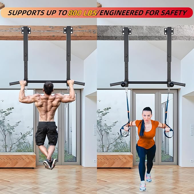 Joist Mounted Pull Up Bar, 800 lbs Heavy Duty Wall Mounted Chin Up Bar, Adjustable Height Pullup Bar for Garage, Basement, Backyard, Beam and Rafter Mount, Easy Installation, Ideal for Multiple Grip Options