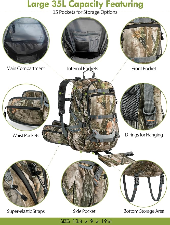 Camo Hunting Backpack for Men, 35L Durable Hunting Pack, 600D Daypack with Rain Cover, Interal Frame Support
