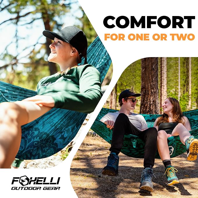 Foxelli Camping Hammock – Ultralight Hammock for Backpacking, Hiking, Festivals, Travel - Easy Setup with Tree-Friendly Ropes & Steel Carabiners, Heavy Duty Parachute Nylon