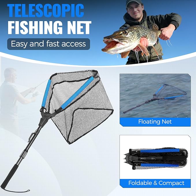 PLUSINNO Fishing Rod and Reel Combo Pole Gear Kit Telescopic Beginner | Portable All-in-One Fishing Equipment, with Freshwater Bass Trout Lures Kit Floating Net, with Carrying Case, Gifts for Men