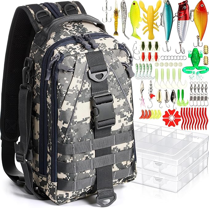 RoundFunny 85 Pcs Fishing Backpack with Tackle Boxes, Tackle Sling Bag with Rod Holder, Fish Lures and Pliers, Fish Tools Gears & Equipment Father's Day Fishing Gift for Dad Men