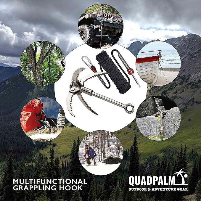Grappling Hook with 10m Rope – Multifunctional QUADPALM Grapple Hook - 4 Stainless Steel Folding Claws - Heavy Duty - Outdoor Camping Hiking Tree Rock Mountain Climbing Equipment