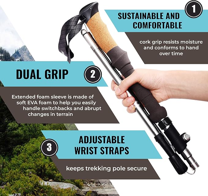 TREKOLOGY 2 pc Trekking Hiking Poles / 6 pc Replacement Rubber Tips-Collapsible Trekking Poles Nordic Hiking Pole Cork Grip. Lightweight Aluminum 7075,Adjustable Quick Flip-Lock, Folding Walking Stick
