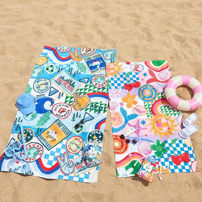 Dock & Bay Kid's Towel - Quick Dry, Sand Free - Compact, Lightweight - 100% Recycled - Includes Bag - Good Vibes Club - Large (160x90cm, 63x35)