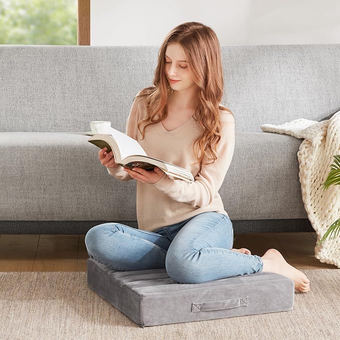 Codi High Density Foam Floor Pillow 2 Sets, Large Meditation Cushions Seating for Adults and Yoga Sitting, 5" Thick Washable Couch Cushion with Soft Tufted Covers - 22 Inch Grey