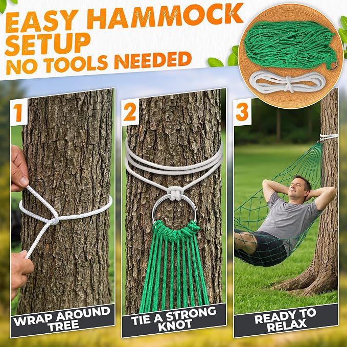 Mesh Hammock - Loop & Lounge Between Two Trees, Rope Hammocks for Outside Camping - No Stand Needed, 220 lb Capacity, Lightweight 13 oz Nylon Net Bed for Backyard Garden Patio Beach Travel, Green
