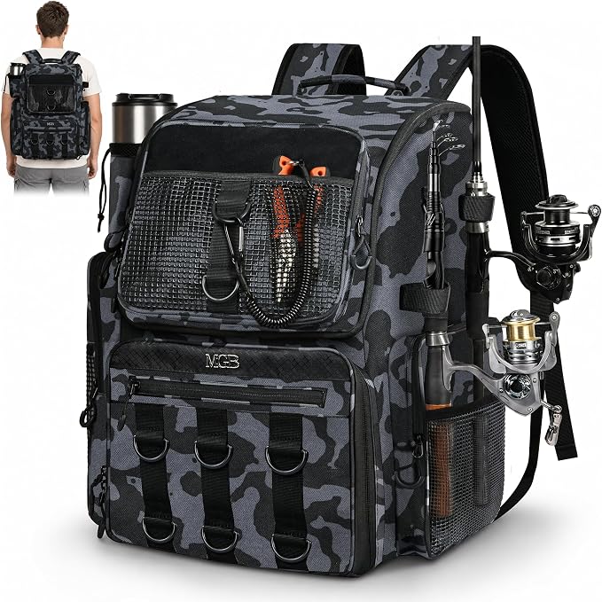 MGB 46L Fishing Tackle Backpack with 2 Rod Holders & YKK Zipper Storage Fishing Gear and Equipment, Gifts for Men Father
