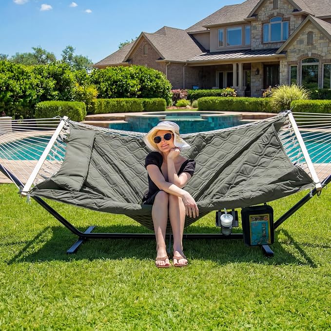 SUNCREAT Patio Portable Hammock with Stand, Carrying Bag, Outdoor Double Hammock with Stand Included, Gray Green Drops