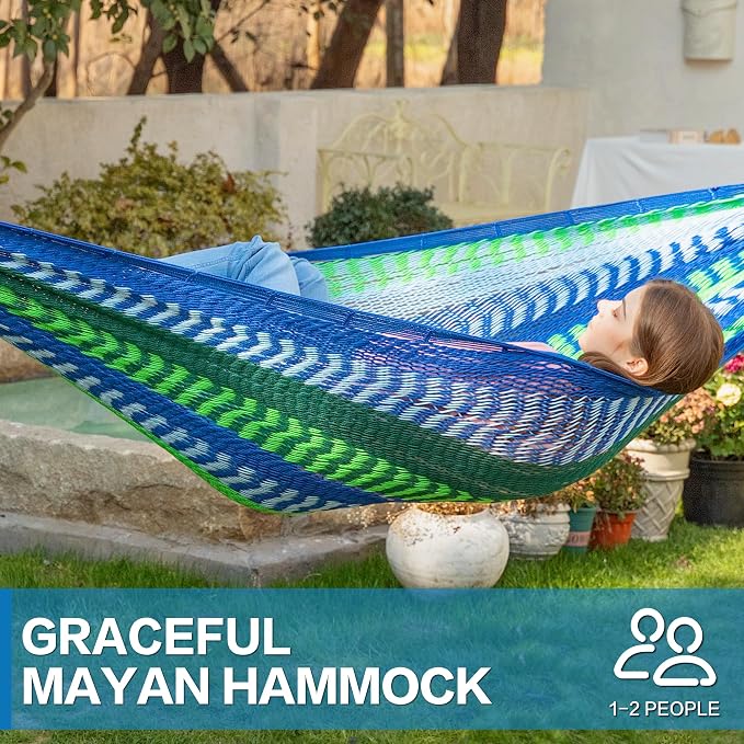 PNAEUT Handwoven Mayan Hammock, Thick Soft Rope Double Hammock for Outdoor Outside & Indoor, 600 lbs Capacity Heavy-Duty, Includes Tree Straps, Carabiners & Carry Bag(Lake Superior, X-Large)