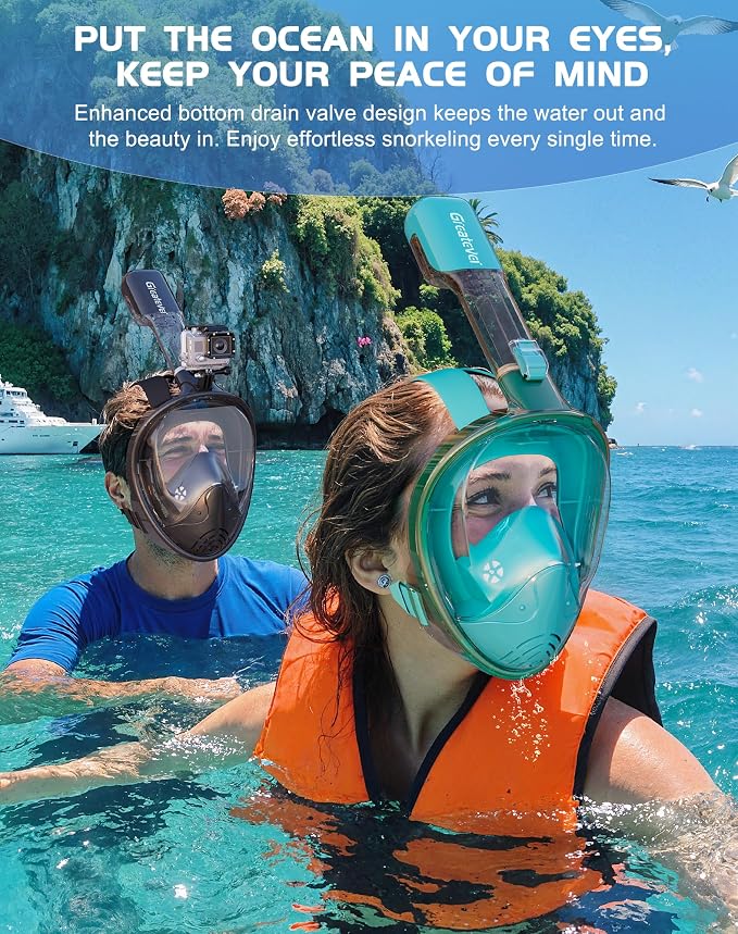 Greatever Full Face Snorkel Mask, Snorkeling Gear for Adults with Latest Dry Top Breathing System and Detachable Camera Mount, Foldable Snorkel Set for Family Snorkeling Trips, Anti-Fog & Anti-Leak