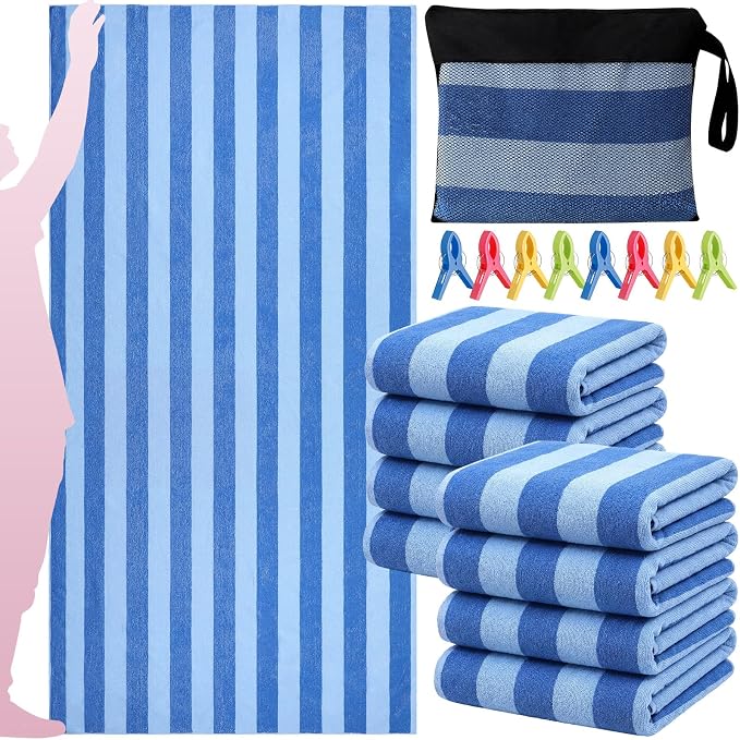 Gilprop 8 Packs Oversized Stripe Beach Towels XL L Microfiber Clearance Pool Towels with Bags Clips Soft Absorbent Quick Dry Camping Swim Towel for Adult Women Men Travel Family (72×36 in,Blue)