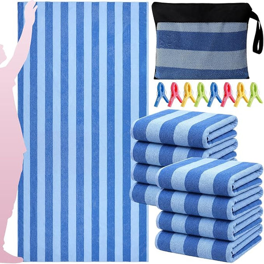 Gilprop 8 Packs Oversized Stripe Beach Towels XL L Microfiber Clearance Pool Towels with Bags Clips Soft Absorbent Quick Dry Camping Swim Towel for Adult Women Men Travel Family (72×36 in,Blue)