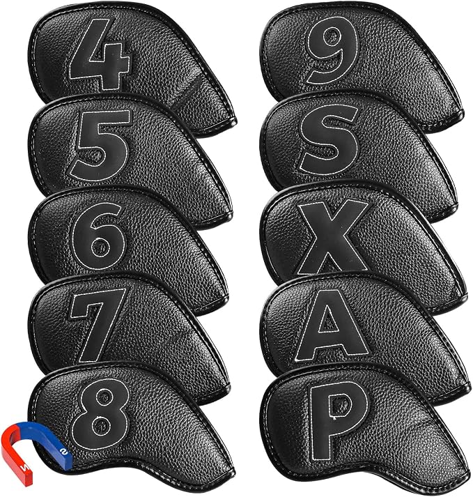 Strong Magnetic Golf Iron & Wedge Headcovers Value 10 Pack, Black Durable PU Leather with Embroidered Numbers for Easy Identify, Premium Covers with Effective Protection for Club