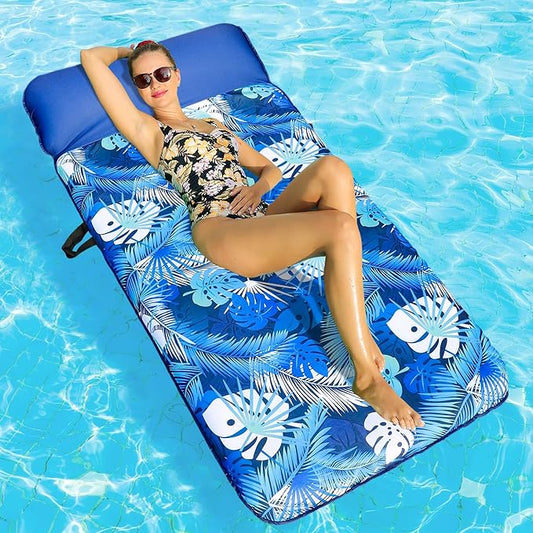 FindUWill Oversized Pool Float Lounge, 72" X 37" Extra Large Fabric-Covered Pool Floats for Adults, Inflatable Contour Lounger with Headrest Ultra-Comfort Cooling Pool Raft (XL, Monstera)