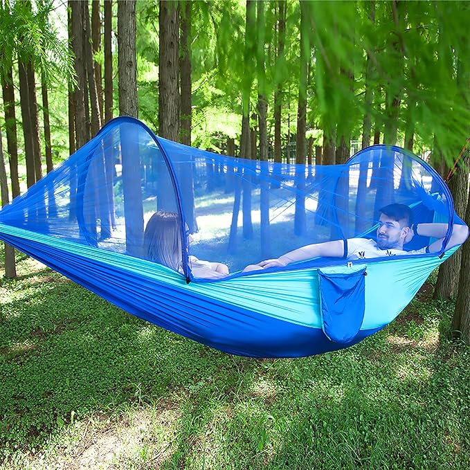 LFL Camping Hammock with Mosquito Net, Hammocks with Net 13ft Tree Straps Carabiners, Automatic Quick Open Outdoor Portable Hammock, Nylon Parachute Material Outside Hammock with Bug net, Blue
