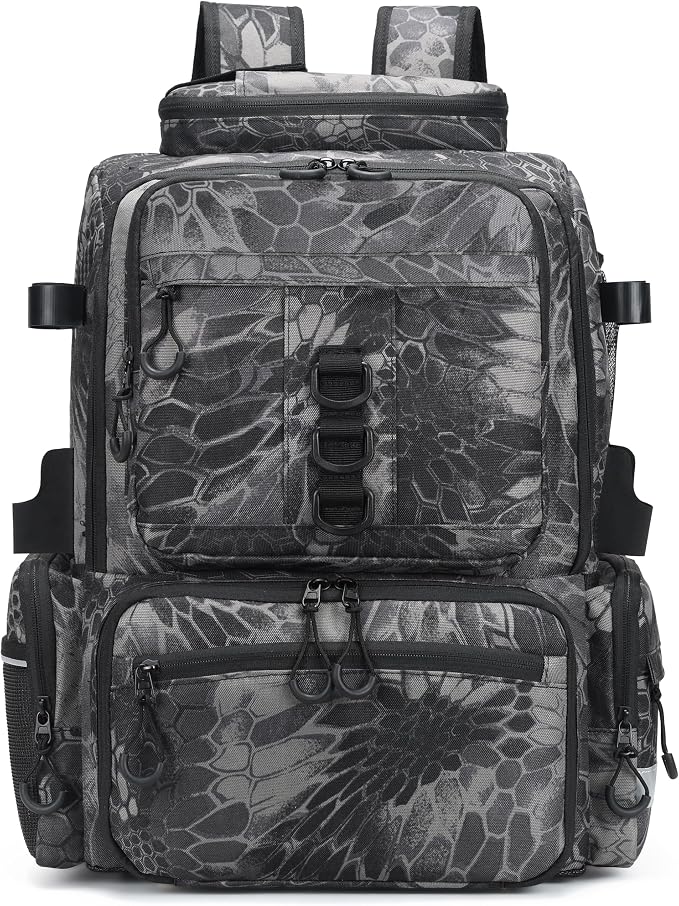 Rabjen Fishing Tackle Backpack, 45L Storage Waterproof Travel Bag Store Fishing Gear with Insulated Top Pocket