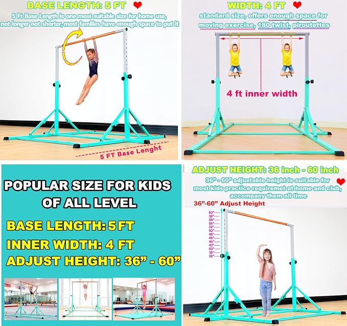 Marfula Gymnastic Bar For Kid and Teenage of 3-25, 5Ft/8 FT Base Length 4Ft Width 5Ft Adjust Height, Gymnastic Kip Bar For Gymnast, Gymnastic Training Equipment For Professional Training Home Club Use