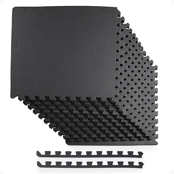 BalanceFrom Puzzle Exercise Mat 1/2" Thick, EVA Interlocking Foam Floor Tiles for Home Gym, Mat for Home Workout Equipment, Floor Padding for Kids, Black, 24 in x 24 in x 1/2 in, 48 Sq Ft - 12 Tiles